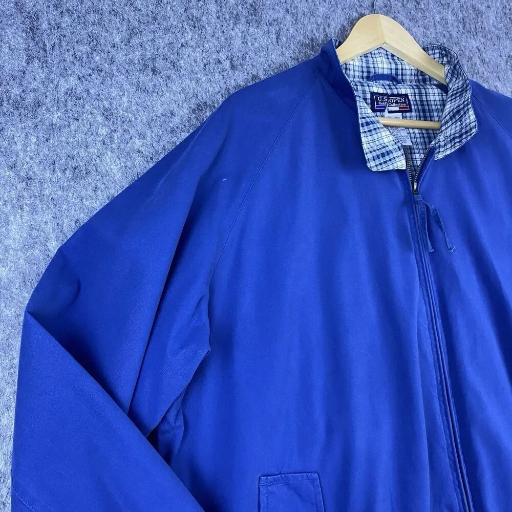 Vtg US Open Men's Harrington Jacket Golf Collection Blue Plaid Lined Zip Up Sz L
